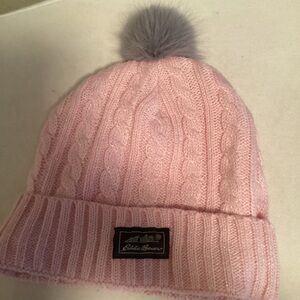 Eddie Bauer Light Pink Cable Knit Beanie with Gray Pom-Pom